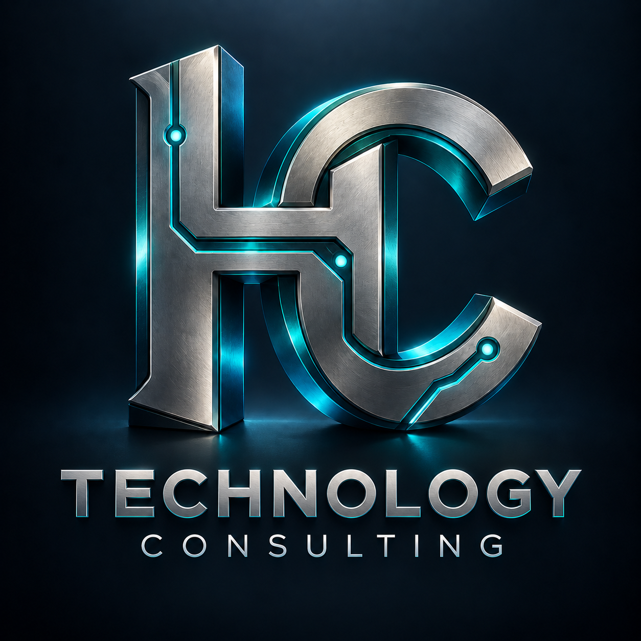 HC Technology Consulting silver logo with illuminated cyan circuitry