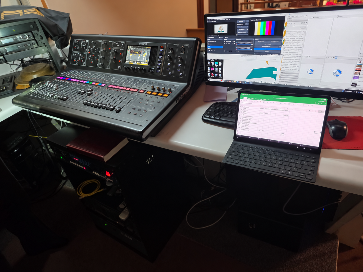 Digital audio mixing console beside a computer used for video production